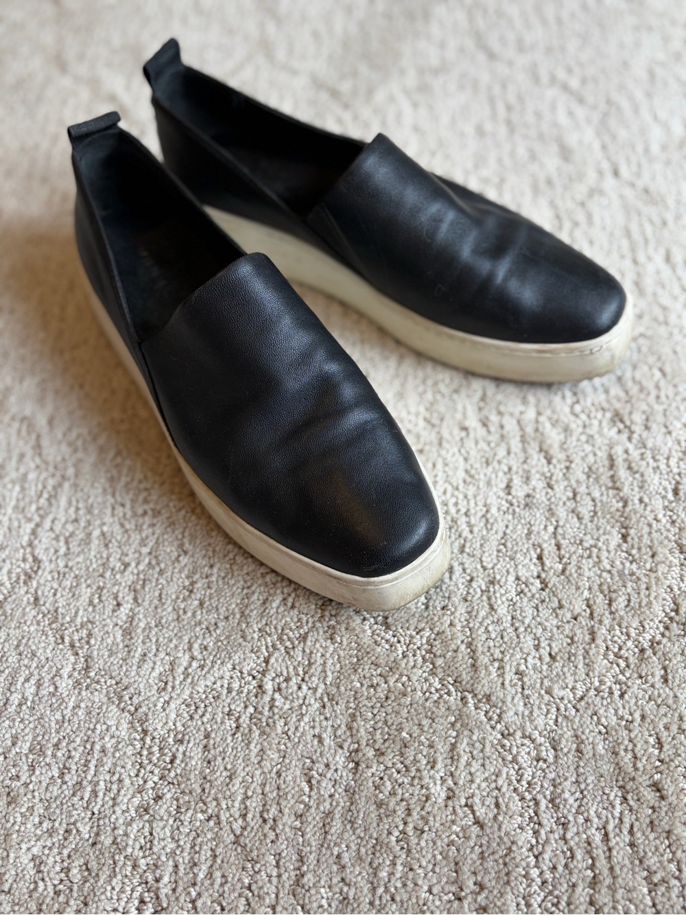Vince Black Slip-On Leather Sneakers with White Platform Sole